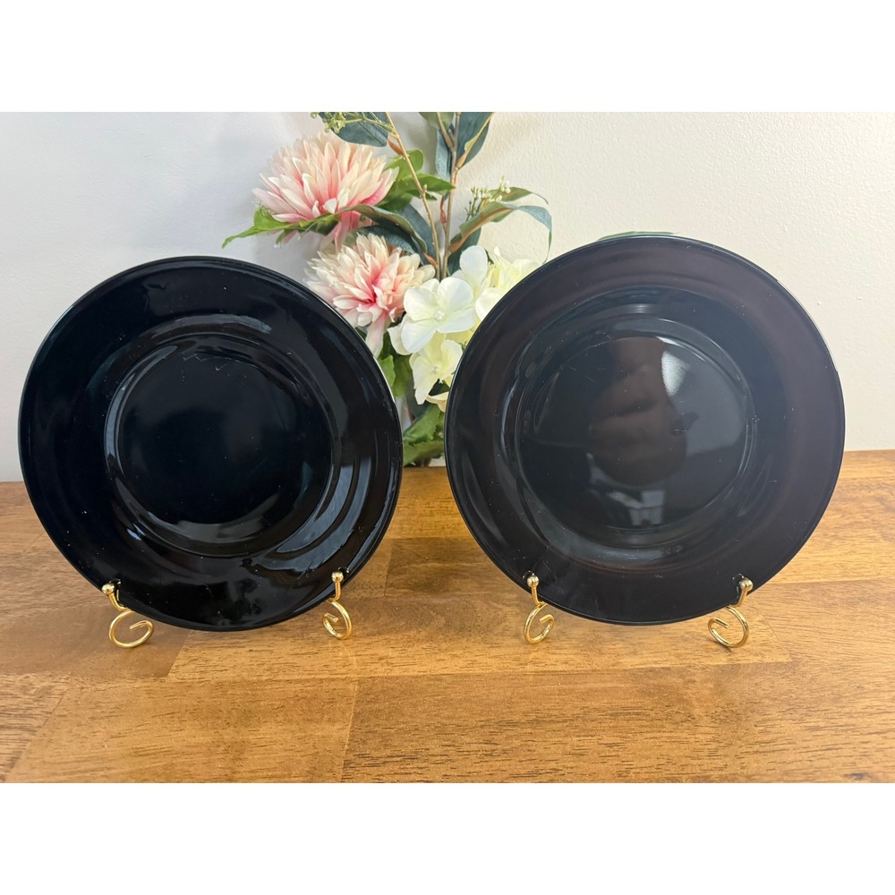 Vintage Black Amethyst Glass Plate Pair Round Depression Era Deep Purple Black